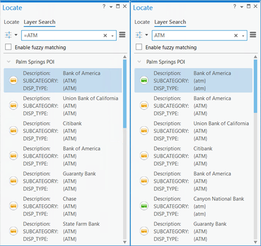 Comparison between using equals and not using equals in Enhanced layer search in the Locate pane