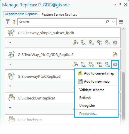 The options available for geodatabase replicas using the Options button