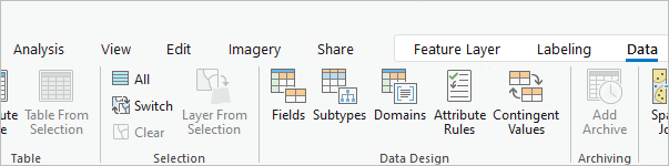 Fields, Subtypes, and Domains buttons on the Data tab