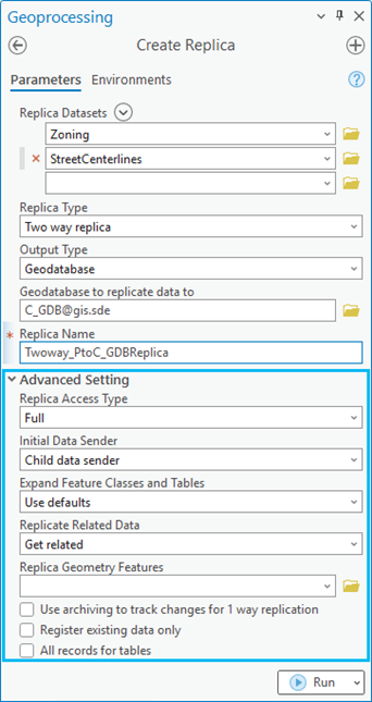 Advanced Setting in the Create Replica tool.