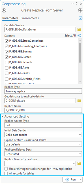 Advanced Setting fields on the Create Replica From Server geoprocessing tool dialog box
