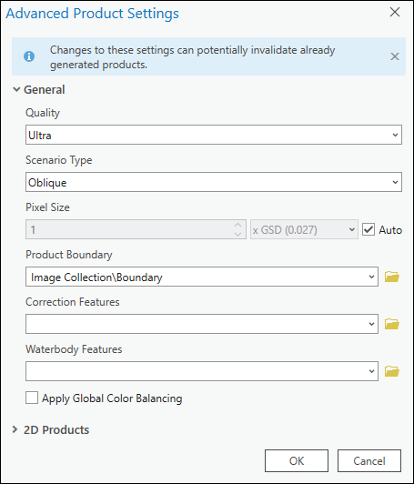 Advanced Product Options for generating a point cloud