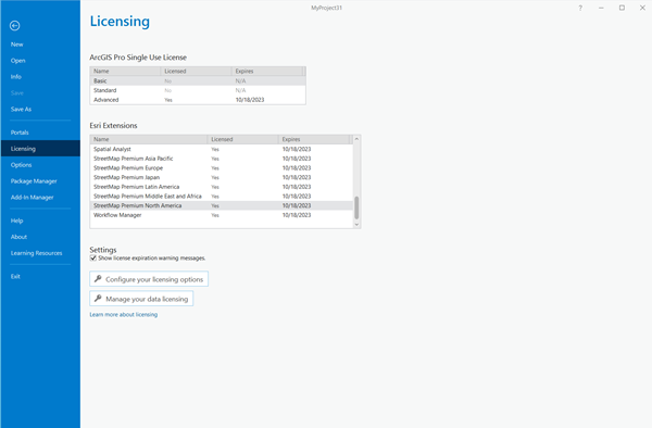 Licensing pane showing the Esri Extensions list for StreetMap Premium