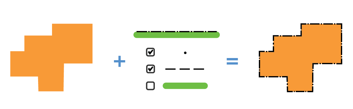 The black dashed stroke layer and a black dot marker layer of a line symbol are imported into a solid orange polygon symbol to make a solid orange polygon symbol with a dash-dot outline.