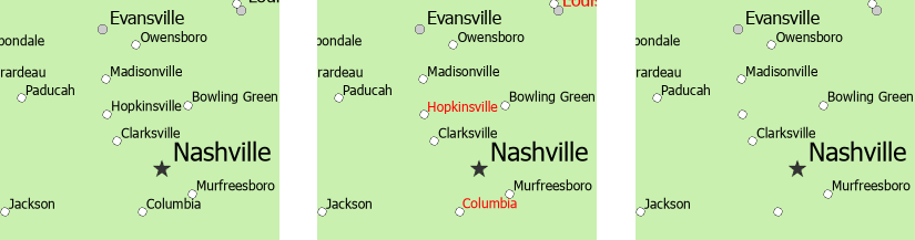 Three labeled maps comparing options for ambiguous labels