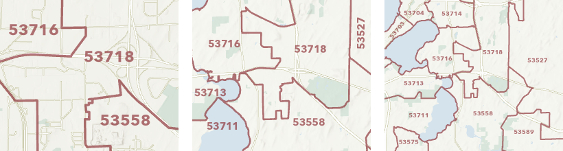 Three labeled maps show the label size changing at different scales.