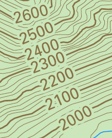 Index contours labeled using a label expression and the Contour Placement option