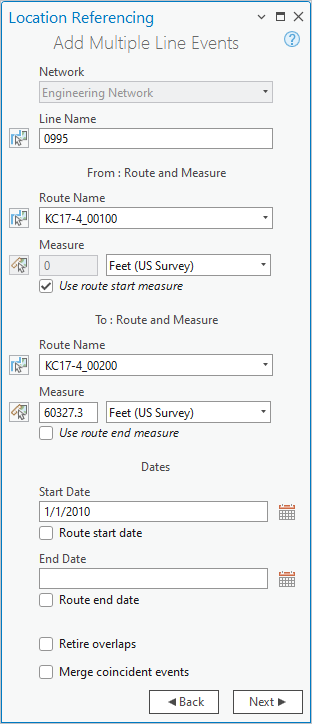 Add Multiple Line Events pane with route and measure fields