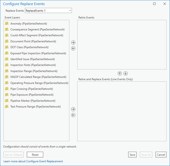 Configure Replace Events dialog box before assigning replacement rules