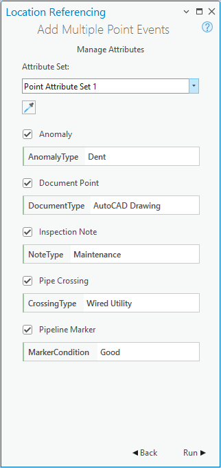 Add Multiple Point Events pane with Manage Attributes