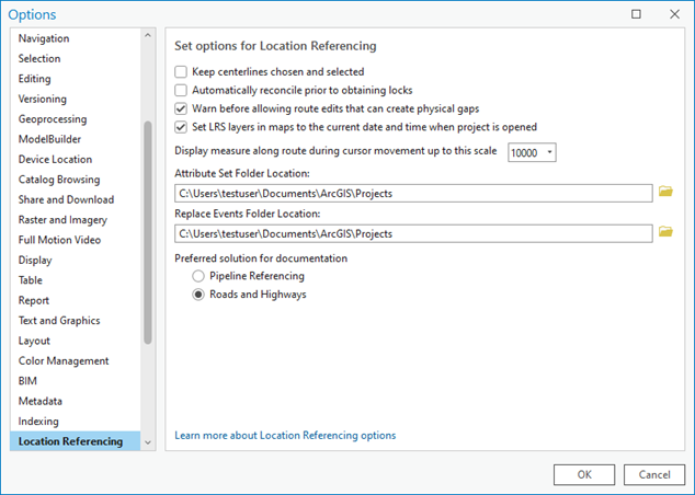 Location Referencing tab options on the Options dialog box