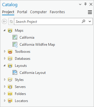 The Catalog pane with the Project tab selected