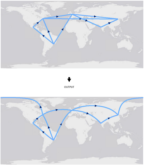 Input line segments replaced with geodesic segments and written to the output