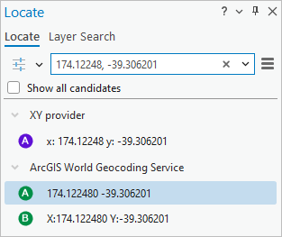 Locate pane showing candidate locations