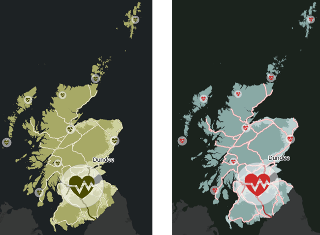 Maps with the Color Vision Deficiency Simulator set to Protanopia (left) and Tritanopia (right)