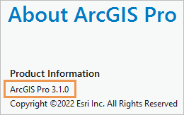 Product version displayed on the About ArcGIS Pro page