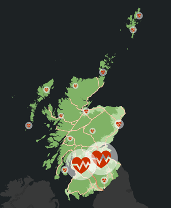 Map showing medical facilities with feature clustering