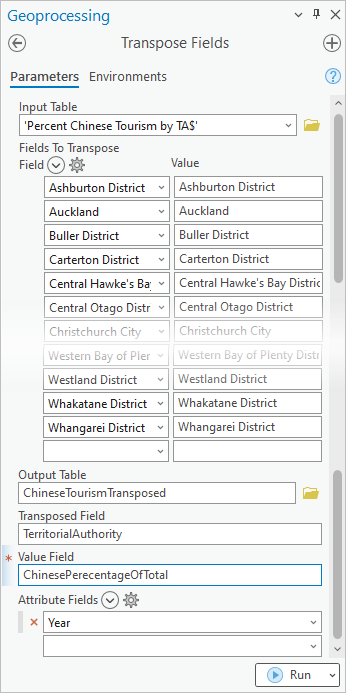 Transpose Fields tool with all parameters specified