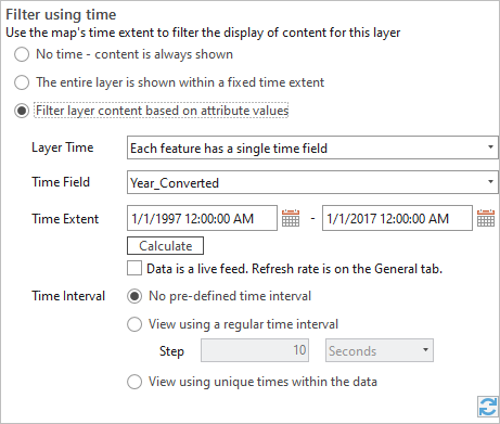 Layer Properties dialog box with time settings