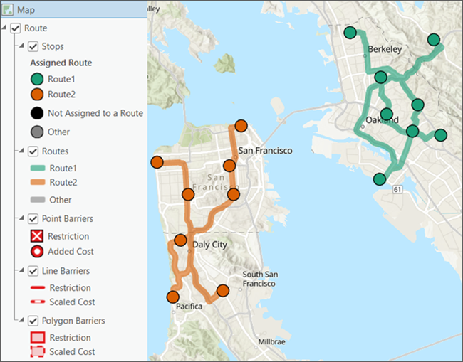 Stops and routes with the same route name value are assigned the same color.