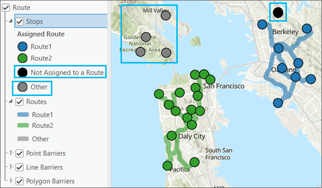 Features not assigned to a specific route are symbolized in black, and features assigned to a route but until the analysis is run are symbolized in gray.