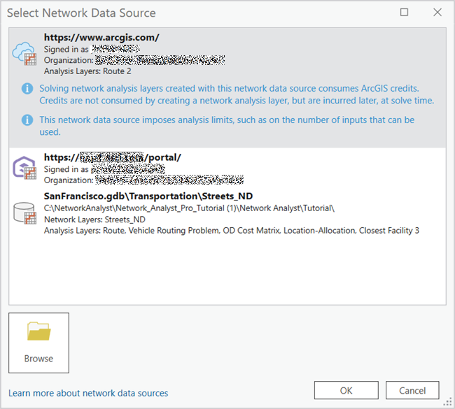 Select the network data source you want to use for creating a network analysis layer.