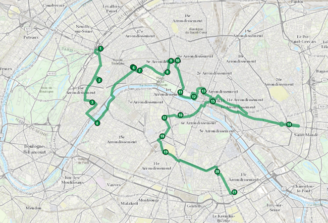 Output of the route analysis model showing route between the input locations