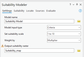 Settings tab of the Suitability Modeler pane