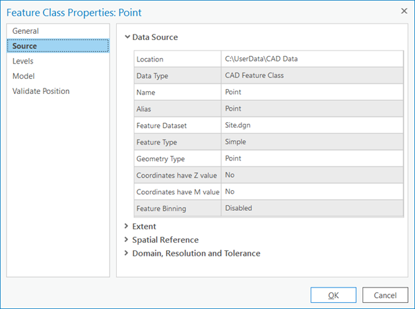 Source tab on the Feature Class Properties pane