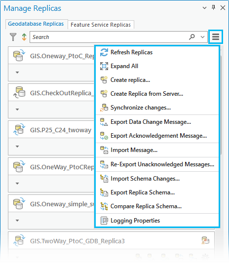 Geodatabase Replicas Menu commands