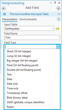 List of the supported data types to select from when adding a new field in the Add Field geoprocessing tool