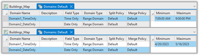 Examples of two range domains, 1 on a Time Only field and 1 on a Date Only field