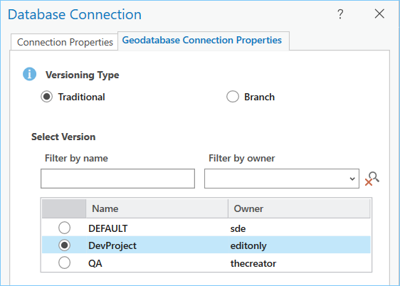 Geodatabase Connection Properties for traditional versioning