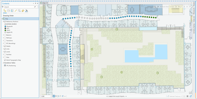 Areas on a map where the IPS engine is using different location sources