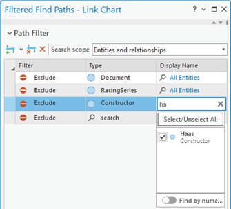 Search for and select a specific entity to exclude from the paths