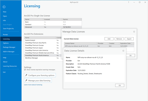 Manage Data Licenses pane showing the StreetMap Premium license file (*.sdlic)