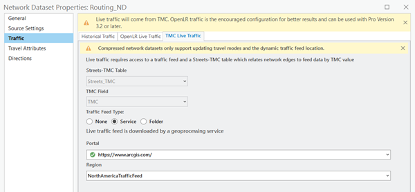 Network Dataset Properties dialog box for Routing_ND showing TMC Live Traffic settings