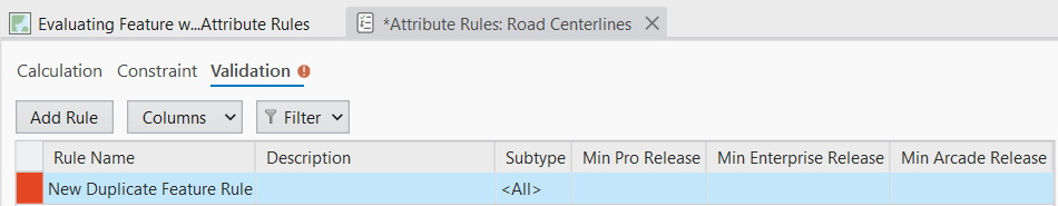 Attribute Rules view with required parameters missing