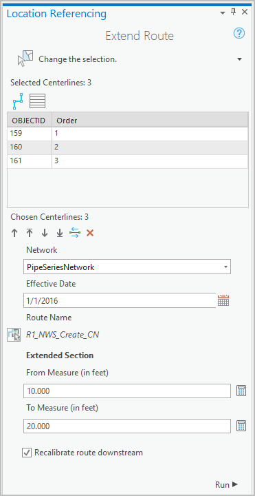 Extend Route pane with multiple centerlines chosen