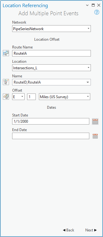 Add Multiple Point Events pane with Location Offset