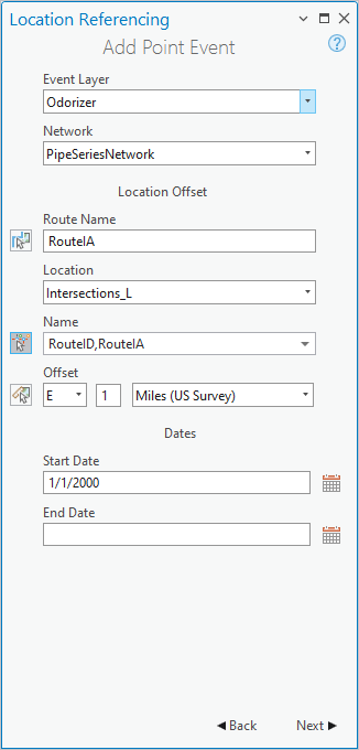 Add Point Event pane with Location Offset