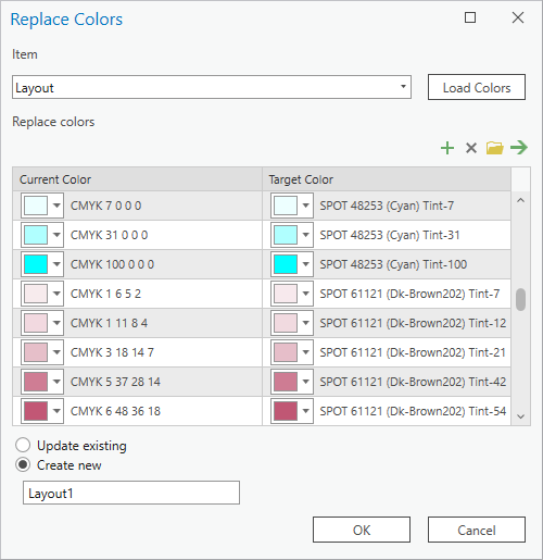 Replace Colors dialog box with a table of current colors and target colors