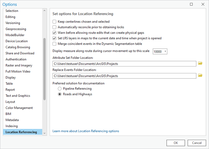 Location Referencing tab options on the Options dialog box