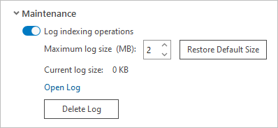 Maintenance section of the indexing options