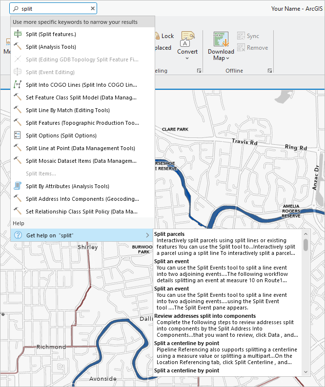 Command Search results for the term split with help topics displayed.