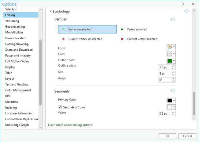 The Editing tab on the Options dialog box in ArcGIS Pro