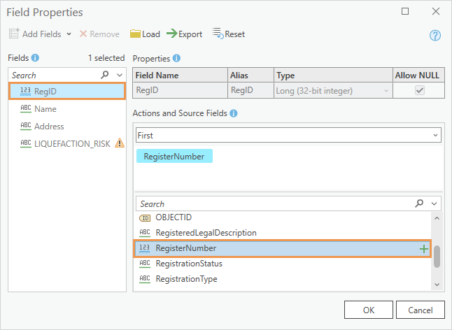 Field Properties dialog box showing RegisterNumber field matched to RegID field