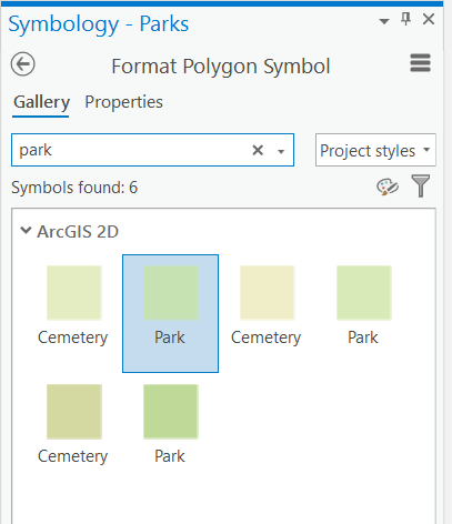 Park symbol selected in the symbol gallery