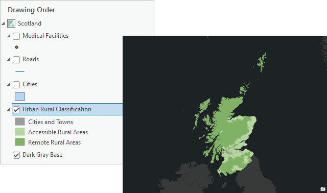 Contents pane and map showing Urban Rural Classification layer