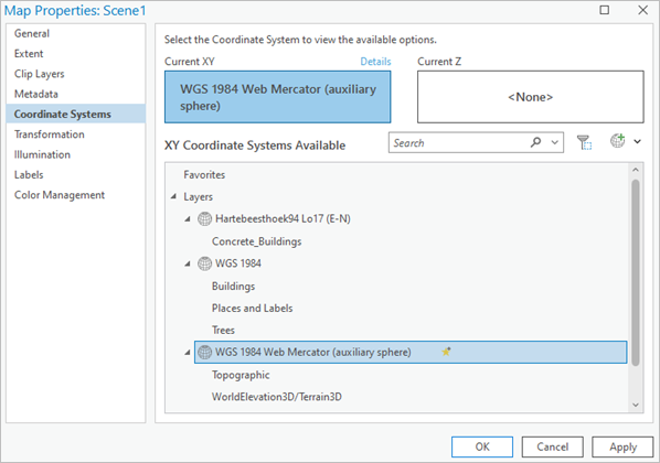 Map Properties dialog box with Coordinate Systems tab settings